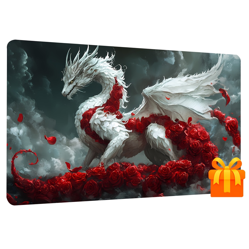 White Dragon Playmat with Red Roses, Gaming Mat